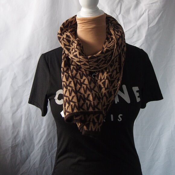 MICHAEL MICHAEL KORS Brown Knit Monogram MK Signature Logo Long Scarf Rectangle - Picture 2 of 8
